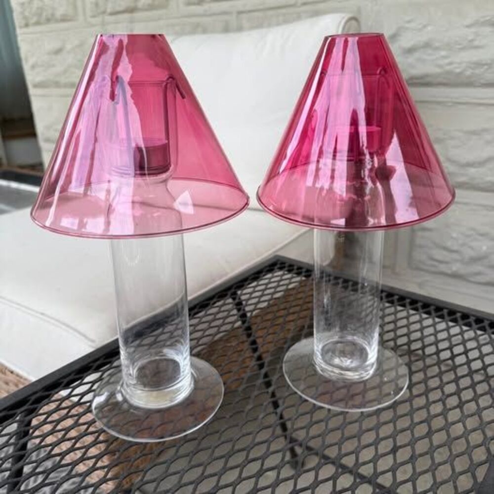 Tealight Glass Lamp Candle Holders with Pink Shade Set of 2